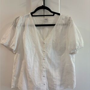 J. Crew Factory White Eyelet Button-Front V-Neck Puff Sleeve Blouse